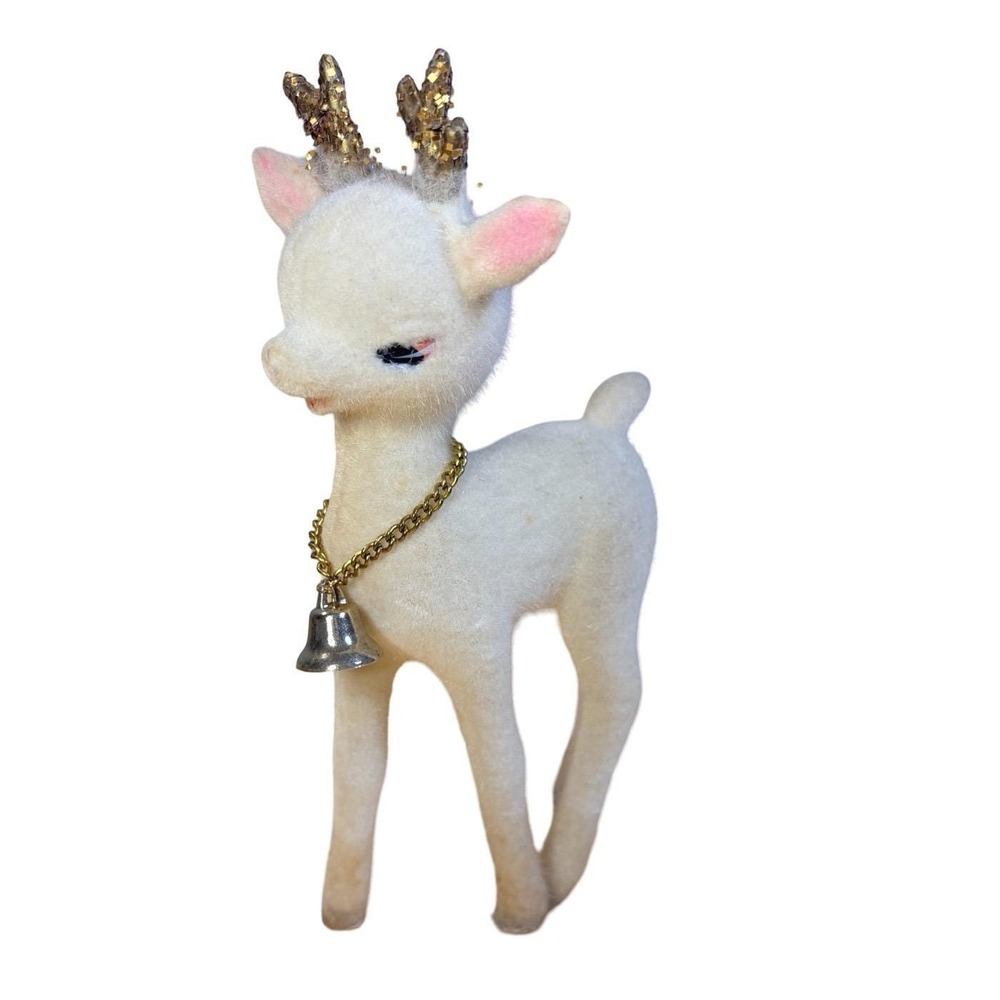 Vtg 1960s Inarco Flocked Reindeer Figure White Gold Glitter Japan Christmas Deer